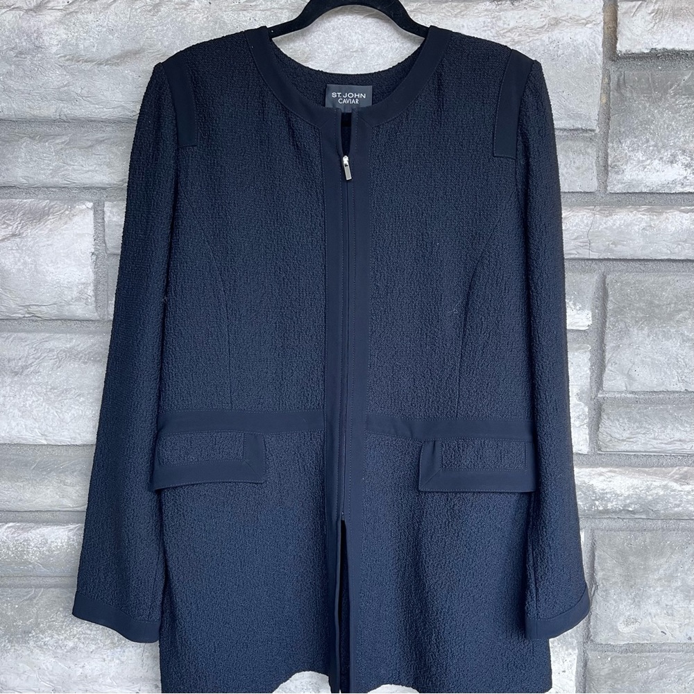 St. John Caviar Wool Blend Black Zip Blazer Size 12 Women’s $1800